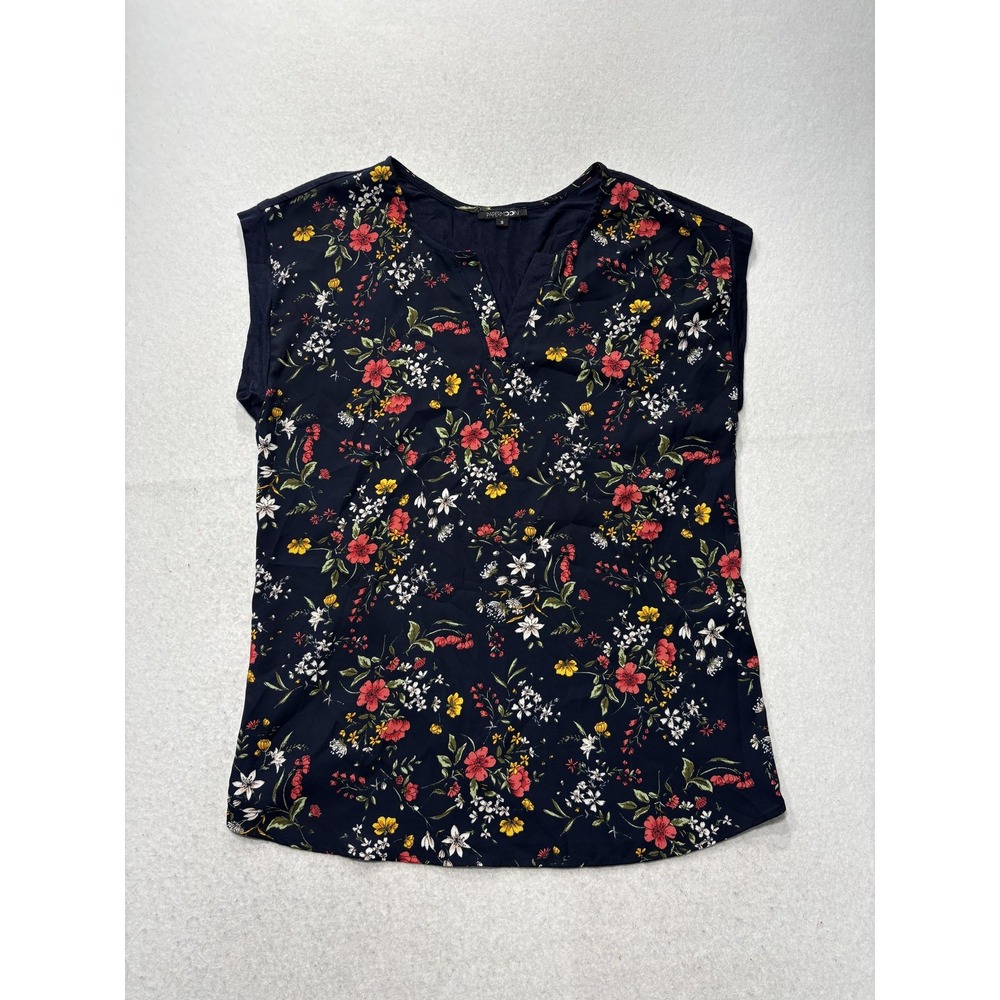 Papermoon Top Womens S Blue Floral V Neck Cap Sleeve Mixed Media Blouse